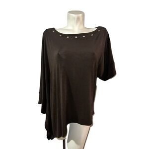 New Travelers Chicos Top L (2) Brown Grommet Border 3/4 Slv Asymmetric Hem Tunic